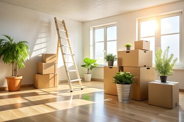 Moving day concept with cardboard boxes, a ladder, and a potted plant in a sunny, empty room ready for relocation or home improvement.