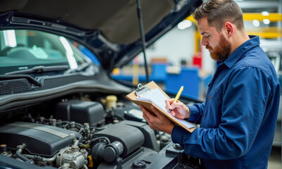 Professional mechanic at work in auto repair garage, making notes on clipboard by vehicle with open engine, maintenance check-up, car servicing and inspection process in automotive industry