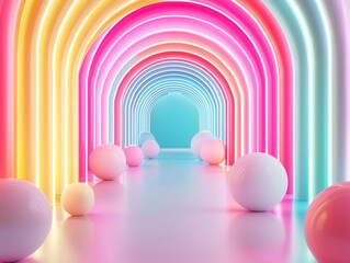 Wall Mural - Abstract Neon Tunnel with Spheres.