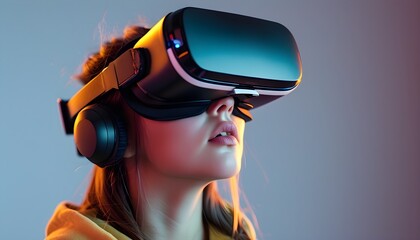 Wall Mural - Exploring New Worlds: A Girl Immersed in Virtual Reality with Holographic Simulations