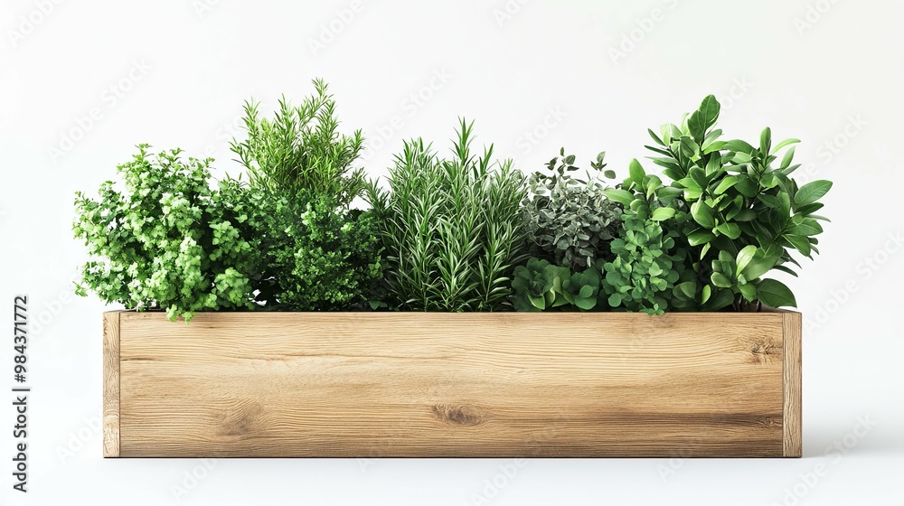 Wooden Planter Box Filled with Assorted Green Plants Stock Illustration ...