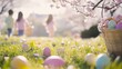 © huiying - Joyful Easter Sunday scene with children happily hunting for colorful painted eggs scattered across a lush meadow under blooming cherry blossom trees.