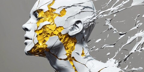 Ethereal humanoid figure made of shattered white material with glowing gold inside, splashing dynamically as if breaking through, creating a powerful abstract composition.