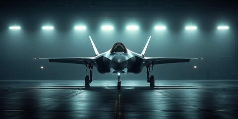 fighter jet parked in a dimly lit hangar, illuminated by overhead lights, evoking strength, power, and advanced military technology.