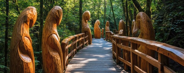 A wooden sculpture trail in a forest reserve, featuring works by local artists that harmonize with the natural surroundings and inspire environmental awareness