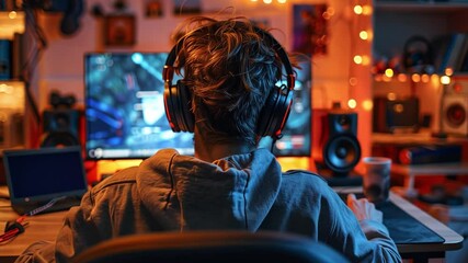 Poster - A passionate young gamer wearing headphones sits in front of a computer setup, fully focused on the live streaming session while surrounded by ambient lighting and personal decorations.
