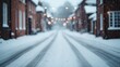 ©  lukaPixMedia - A deserted street lined with brick houses under a blanket of snow, with strings of warm lights casting a soft glow, creating a tranquil winter scene.