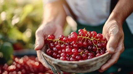 Wall Mural - The image depicts hands gently holding a basket of ripe red currants illuminated by sunlight, symbolizing the freshness, bounty, and vitality of the harvest season.