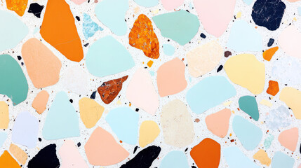Poster - Colorful terrazzo surface featuring a variety of stone shapes and hues, perfect for modern design and interior decoration projects.