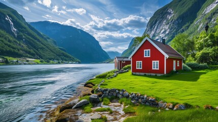 Red house by a serene fjord surrounded by mountains under a blue sky