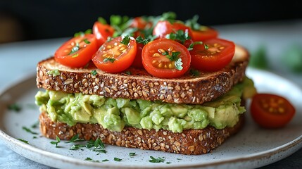 Wall Mural - Toasted bread topped with mashed avocado and sliced cherry tomatoes.