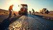 © abu - Highway construction site with workers laying asphalt on a sunny day using heavy machinery.