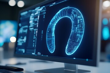 Fototapete - Close-up of a computer screen displaying a wireframe, blue digital model of a horseshoe against a dark background