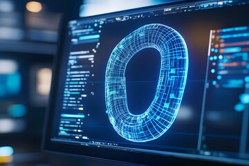 Fototapete - Close-up of a computer screen displaying a wireframe, blue digital model of a horseshoe against a dark background