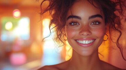 Wall Mural - A young woman with a warm smile, her curly hair pulled back, looks directly at the camera with a soft, glowing background behind her.