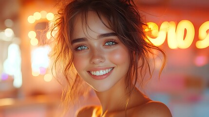 Wall Mural - Portrait of a smiling woman with bright eyes and messy hair.