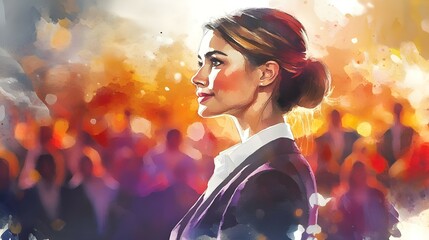 Businesswoman on stage in watercolor.