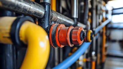 Wall Mural - A yellow pipe with a red cap on it. The pipe is connected to a blue pipe. The pipes are in a building