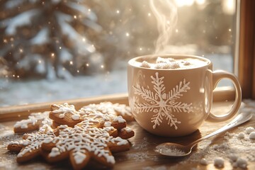 A cup of hot coffee with gingerbread cookies and star anise, surrounded by delicate white lace decorations