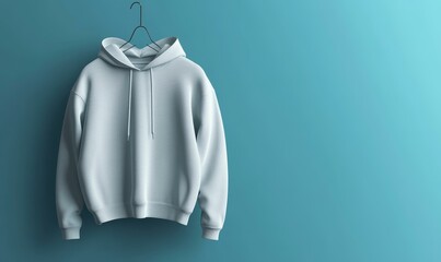 Poster - White hoodie hanging on a hanger against blue wall.