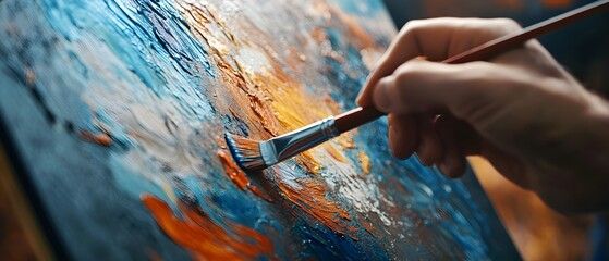 Aufkleber - A close-up shot of an artist hand using a paintbrush to create vibrant, textured strokes on a canvas, blending colors in an abstract painting.
