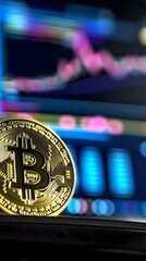 Poster - Close-up of a gold Bitcoin coin against a blurry background of a stock market chart.