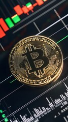 Poster - A gold Bitcoin coin sits on a screen displaying a stock chart.