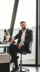 Poster - Smiling businessman with a dog by his side in an office.