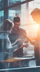 Canvas Print - Diverse team in office reviewing documents with sunlight through windows.