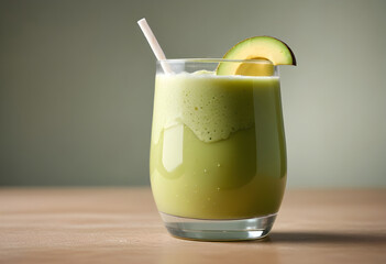 A refreshing glass of avocado smoothie, creamy and vibrant green, garnished with slice of avocado and straw, perfect for healthy treat