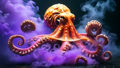 Mystical octopus rising from vibrant purple smoke, embodying wonder and fantasy in a surreal, enchanting atmosphere.