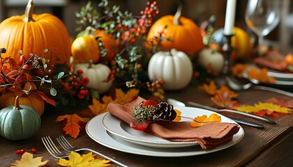 Wall Mural - Autumnal table setting adorned with vibrant pumpkins, seasonal leaves, and elegant tableware on rustic wooden surface