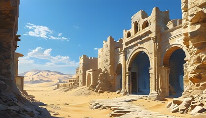 Wall Mural - Sunlit ancient desert city with stone buildings and arched doorways against distant sandy dunes under clear blue sky