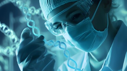 Wall Mural - female scientist examining dna sequence in lab, focused and dressed in protective gear.