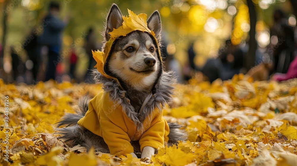 A medium-sized dog wearing a yellow jacket and sitting in a park filled ...