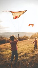 Two young boys flying kites in a sunlit open field during sunset.