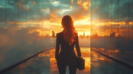 Sticker - Businesswoman silhouette standing in front of a cityscape at sunset.