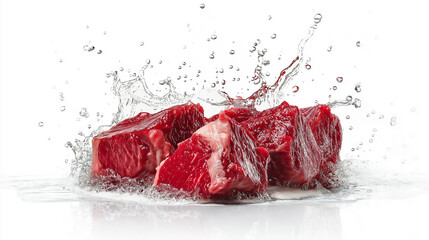 Juicy, raw steaks hit with a splash of water, showcasing fresh and mouthwatering quality.