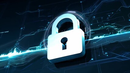 Poster - A metallic lock graphic is displayed on a dark blue circuit board background, emphasizing themes of online security, encryption, and data protection technologies.