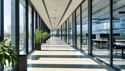 Wall Mural - Bright and inviting modern office corridor featuring glass walls and well-structured workstations, showcasing a professional and organized workspace.