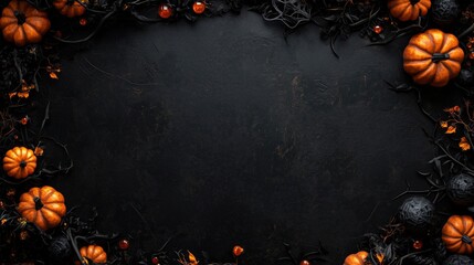 Halloween frame with pumpkins, autumn leaves, and berries on dark backdrop, perfect for festive and seasonal designs