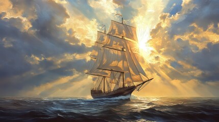 Wall Mural - A majestic three-masted sailing ship sailing in the open ocean towards the sun. Impressionism, oil painting