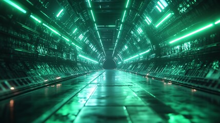 Wall Mural - A tunnel with sharp, neon green geometric lines that slice through the darkness, creating a visually striking and intense cyber environment. 4k