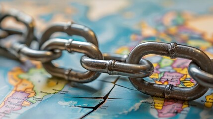 A broken chain connecting two continents, symbolizing interrupted trade Disrupted Trade Routes visual representation of broken trade relationships