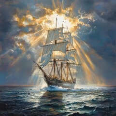 Wall Mural - A majestic three-masted sailing ship sailing in the open ocean towards the sun. Impressionism, oil painting