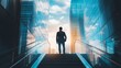 © Fakhri Afrasiyabov - Ambition concept featuring a self-assured businessman gazing skyscrapers in the city from the top of a staircase
