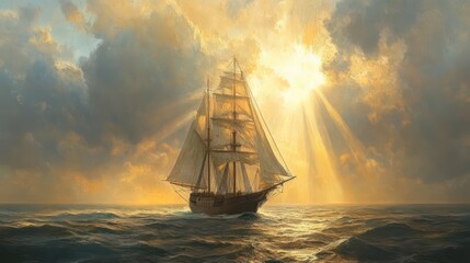 Wall Mural - A majestic three-masted sailing ship sailing in the open ocean towards the sun. Impressionism, oil painting