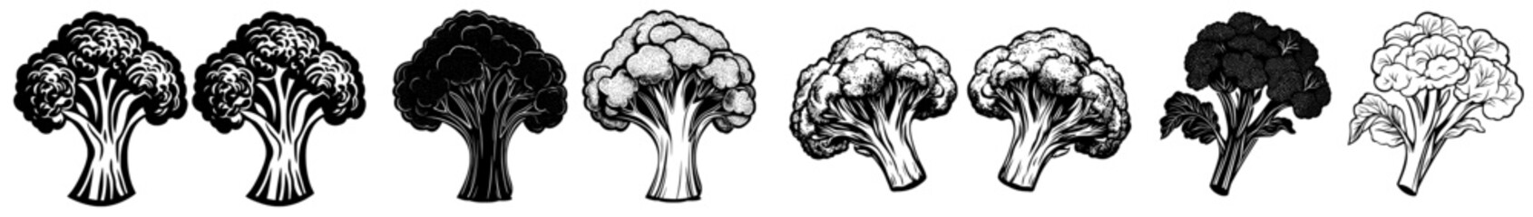 illustration of black and white broccoli with engraved woodcut style