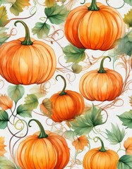 Wall Mural - Watercolor seamless pattern with pumpkins and leaves growing on branches is perfect for creating autumn designs