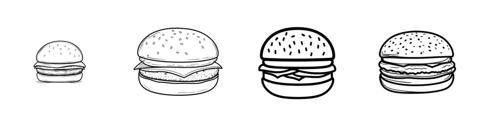 Wall Mural - Illustration of a hamburger in black linear style. Hamburger minimalistic sketch isolated on white background. Modern illustration of a hamburger in black linear style.